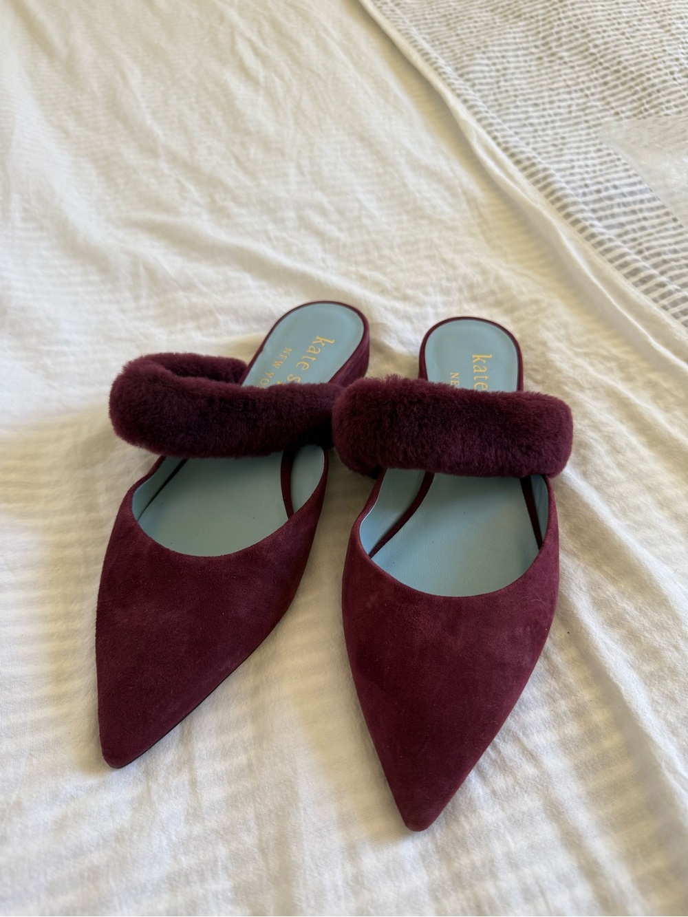 kate spade Wine Suede Pointed-Toe Fur-Trim Mules